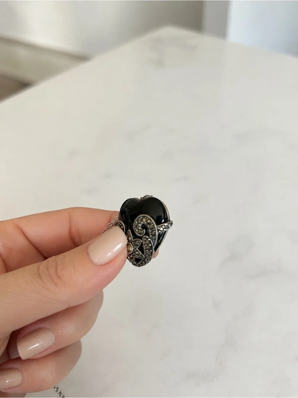 Black Onyx Marcasite Large Heart Pendant Necklace Rhodium Over Brass 🖤✨